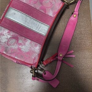 Vintage Coach Metallic signature jacquard and suede stripe pink demi bag